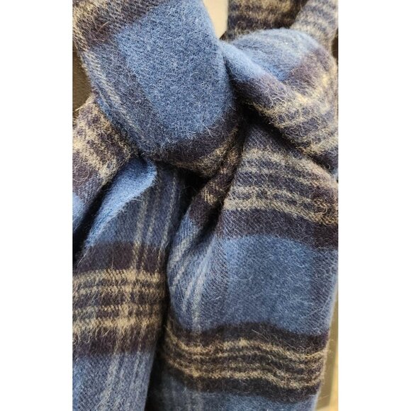 100% Baby Alpaca Wool Scarf Blue Plaid Design Fringed Edges - Picture 4 of 11